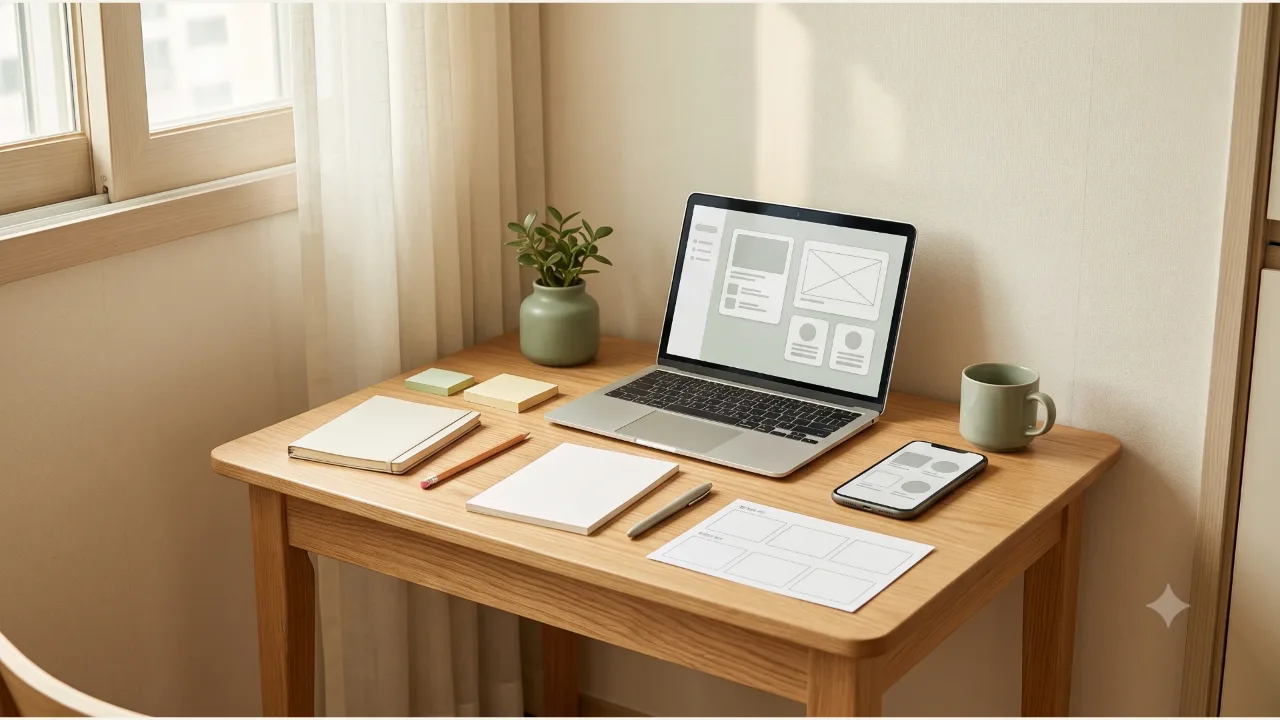A laptop and smartphone showing card-shaped screens, a plain notebook and memo pad, and a sage cup and plant on an oak desk by a window