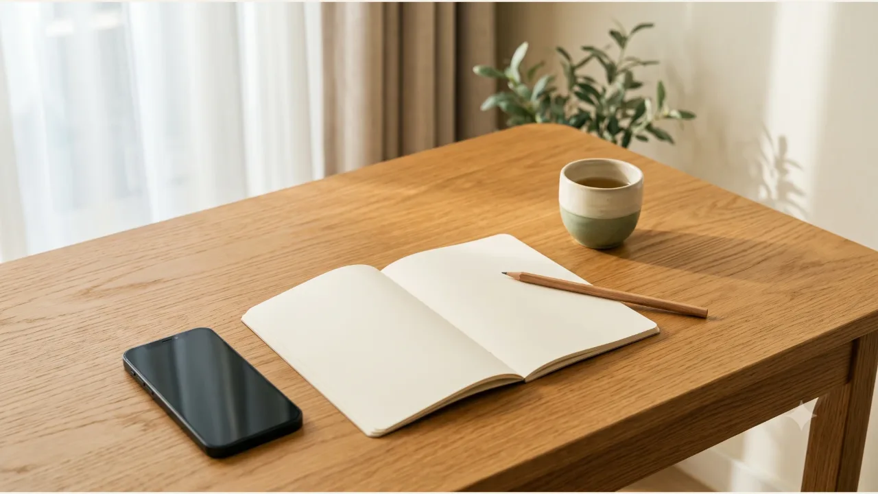 A switched-off smartphone, an open plain notebook, a pencil, and a ceramic cup on an oak desk