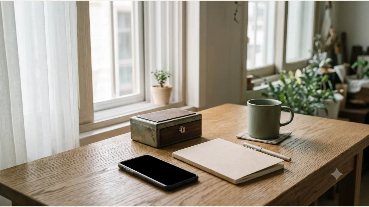 A switched-off smartphone, a lock box, an open blank notebook, a pen, and a sage mug on an oak table
