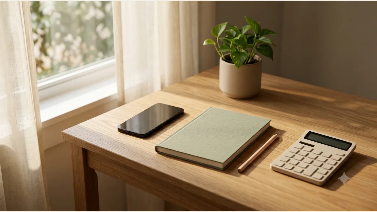 A powered-off smartphone, a plain sage notebook and pencil, a calculator, and a small plant on an oak desk by a window