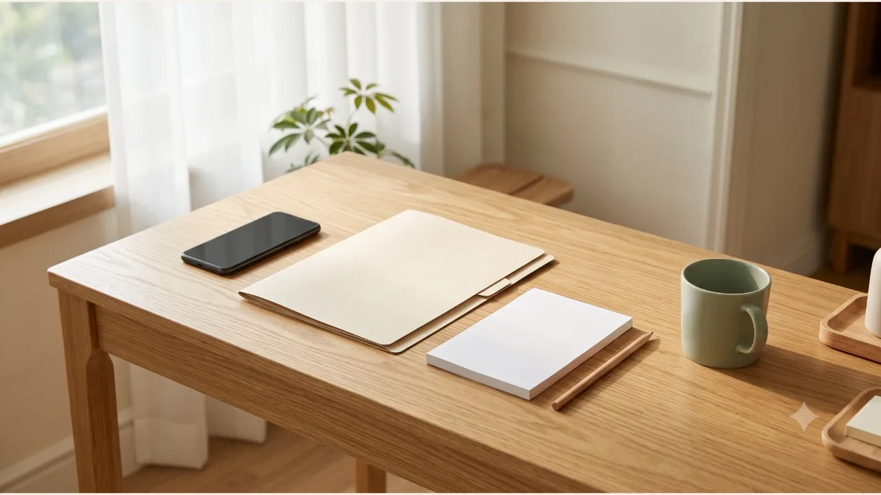 A switched-off smartphone, a closed cream folder, a blank memo pad with a pencil, and a sage cup on an oak desk