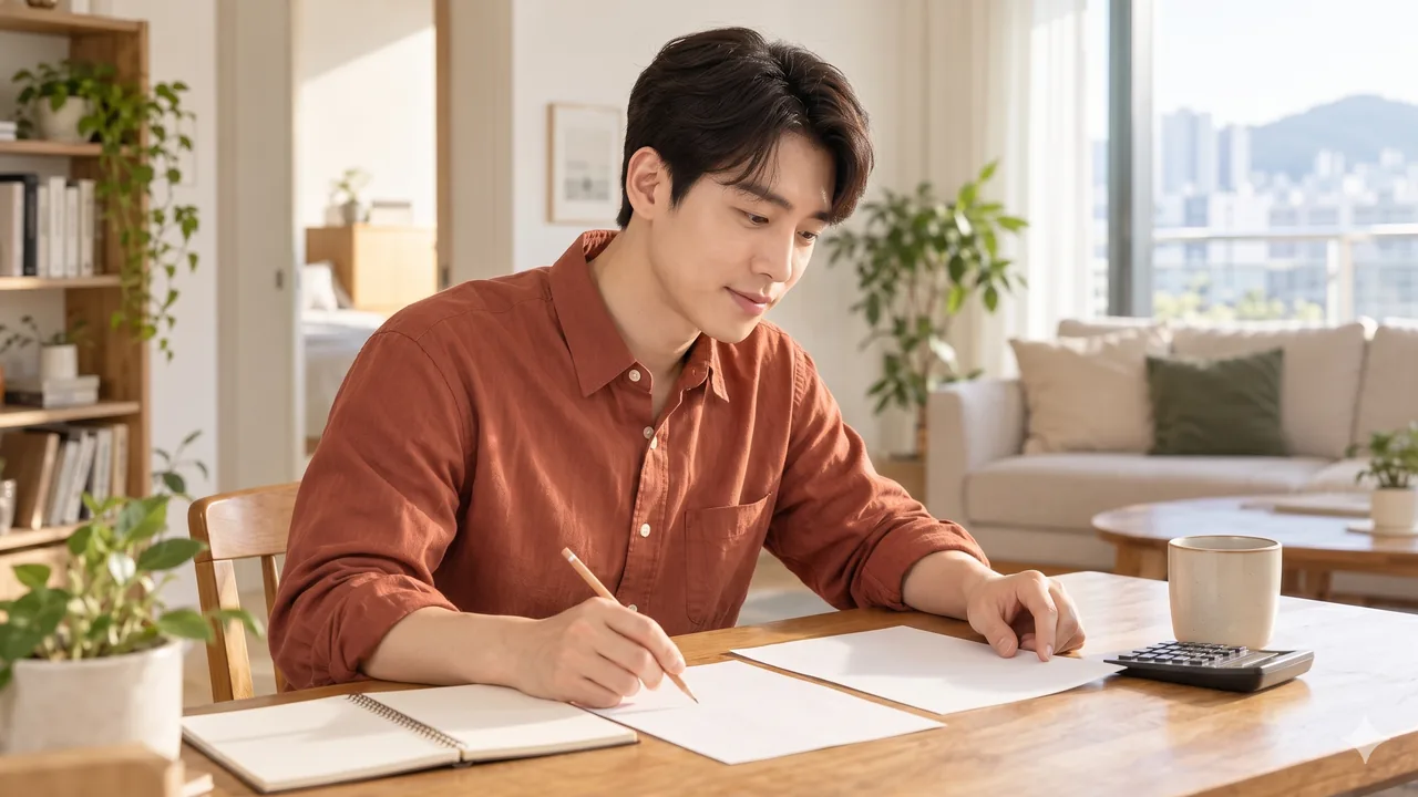 테라코타색 셔츠를 입은 남성이 책상 위 빈 종이 두 장을 비교하듯 보며 연필로 한 장을 가리키는 모습