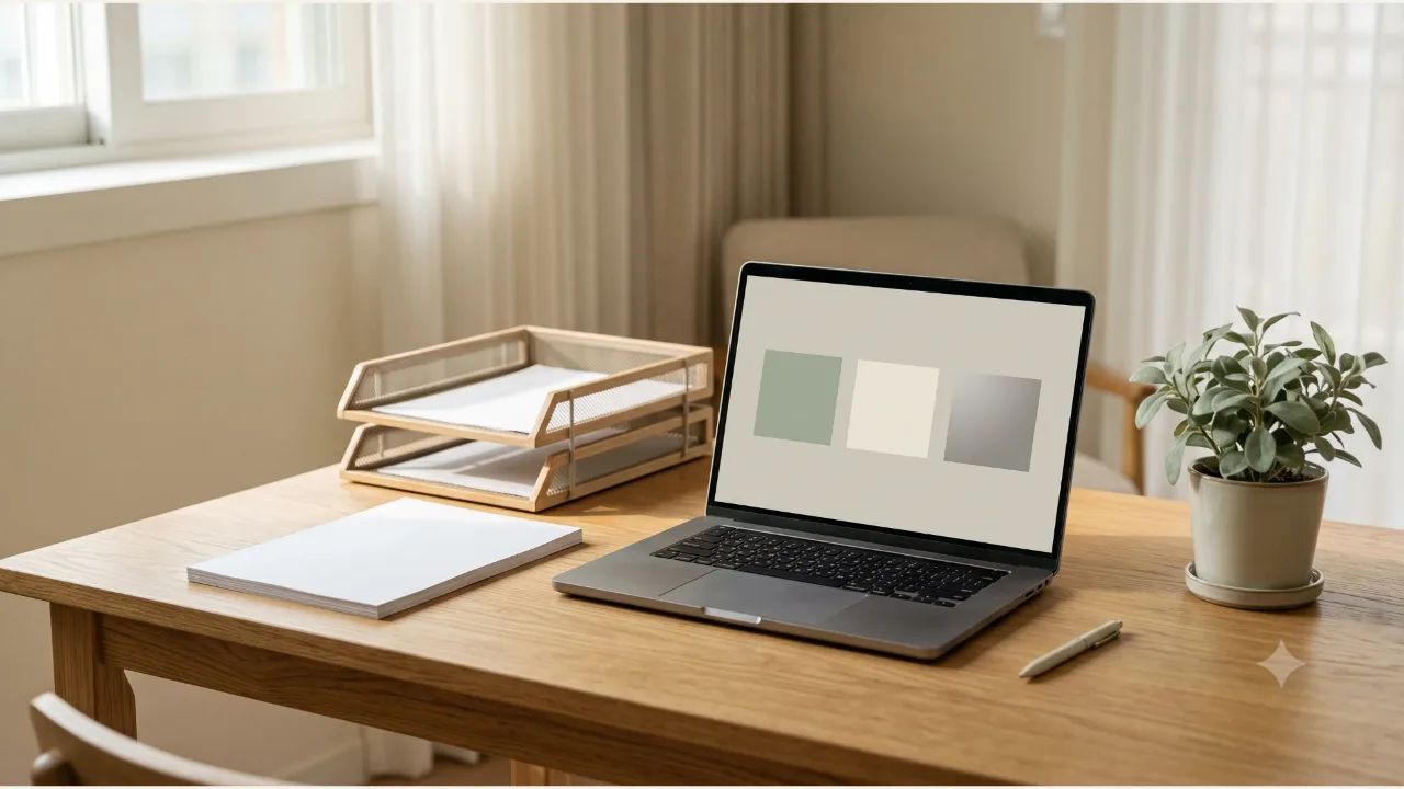 A laptop with an abstract square screen, two document trays, plain paper and a pen, and a small plant on an oak desk by a window