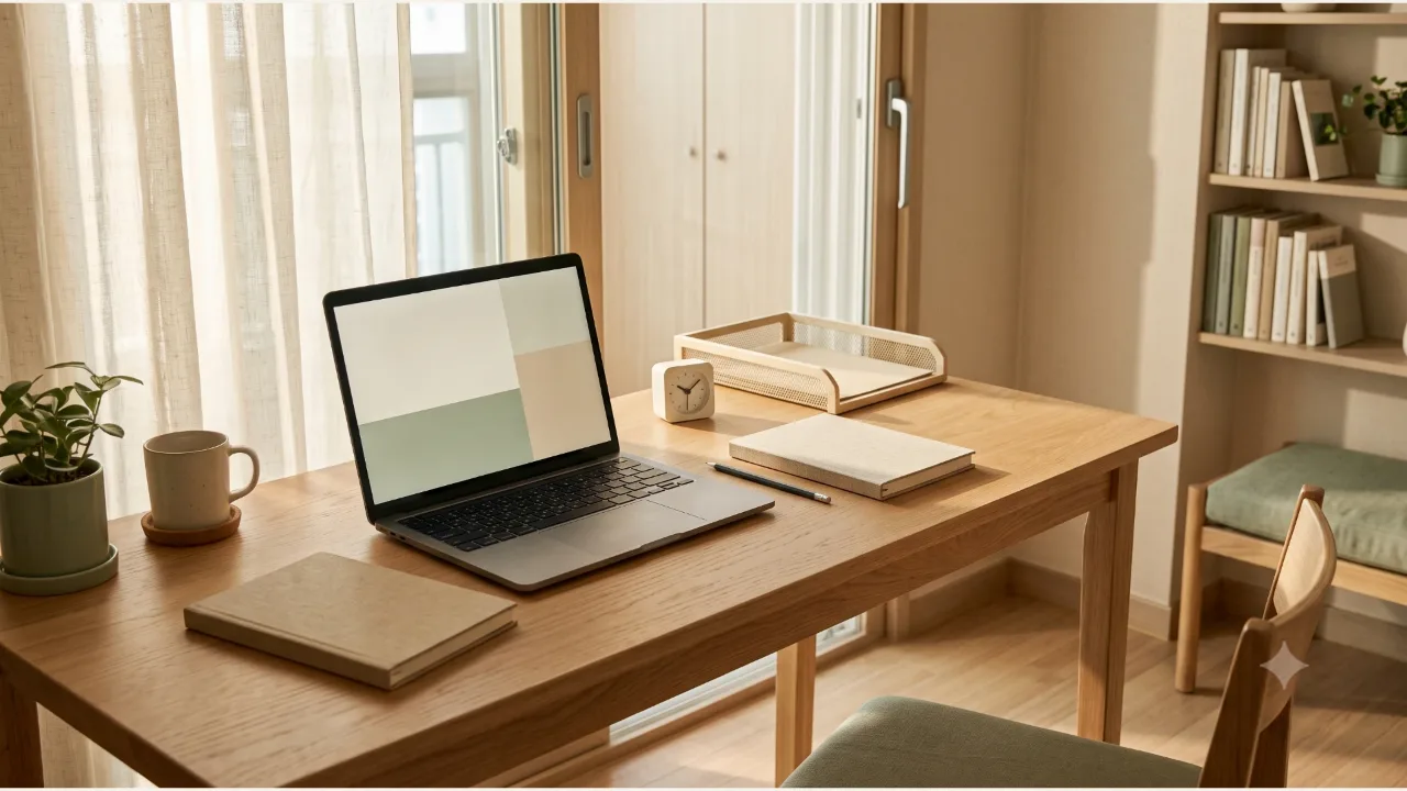 A laptop showing color blocks, a plain notebook, a small clock, and an empty document tray on an oak desk by a window