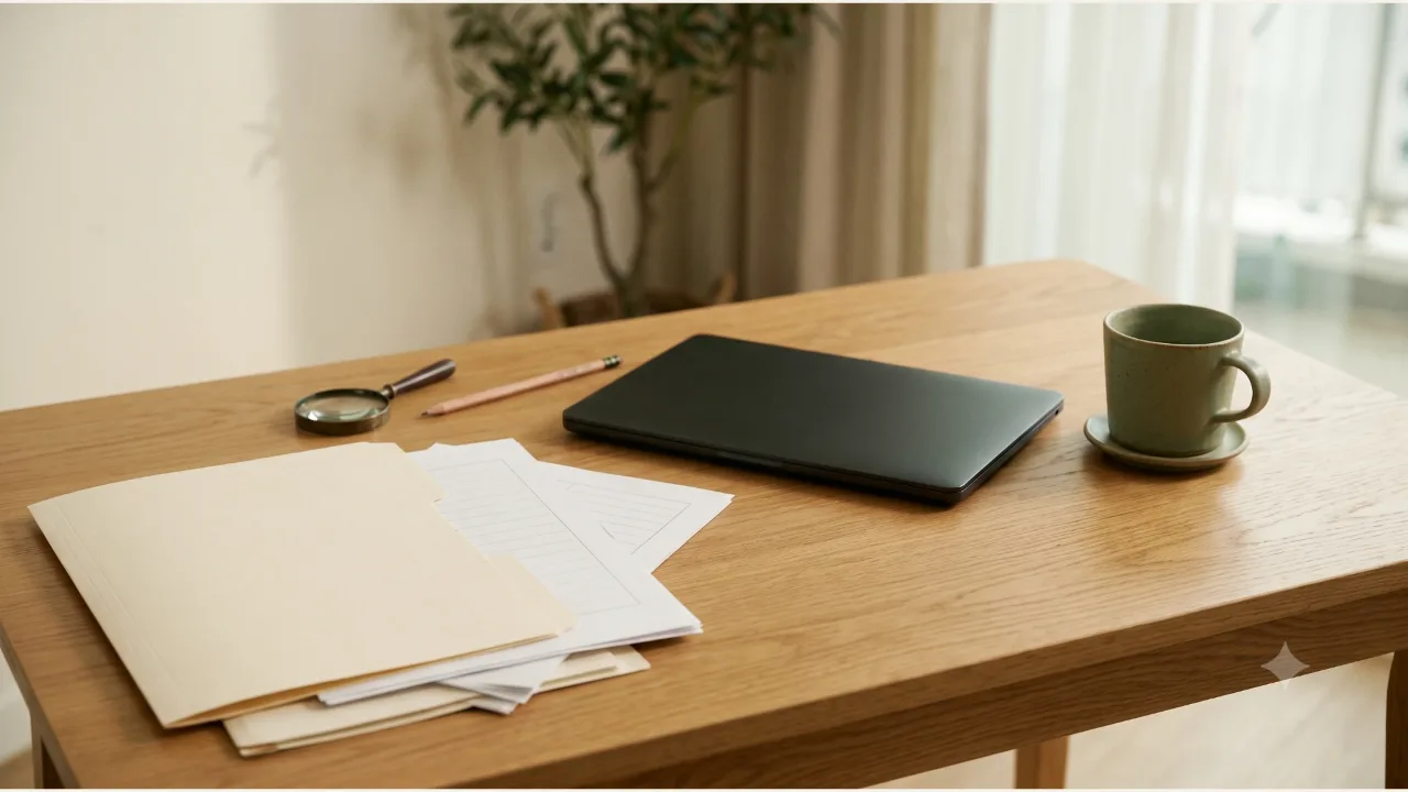 Plain document folders and papers, a closed laptop, a magnifying glass, a pencil, and a sage cup on an oak desk