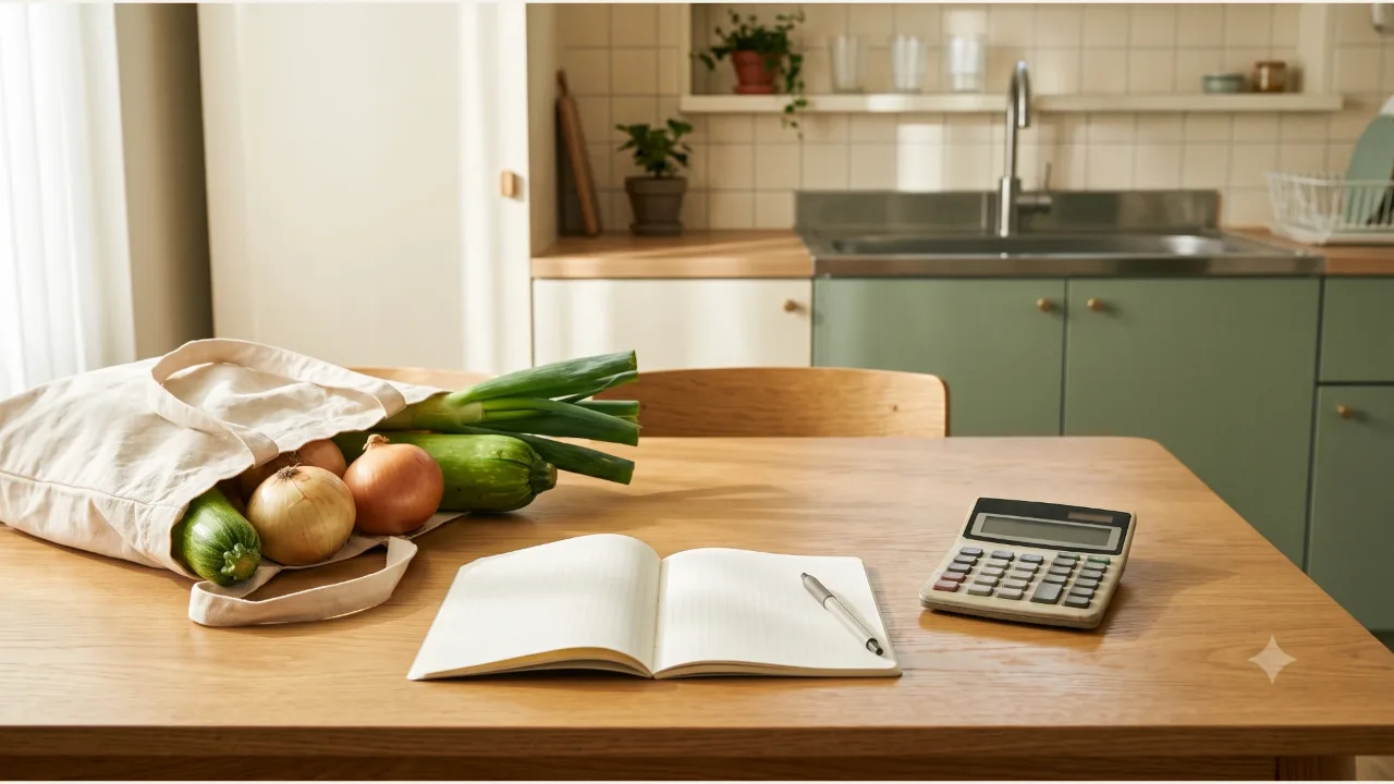 A shopping bag with vegetables, an open blank notebook with a pen, and a calculator on an oak dining table