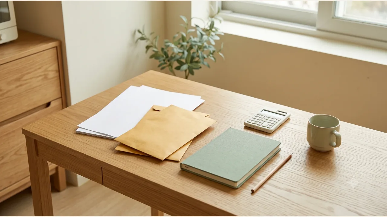 Plain documents and envelopes, a calculator, a sage notebook, a pencil, and a mug on an oak desk