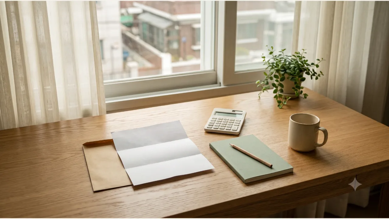 Plain documents and envelopes, a calculator, a sage notebook and pencil, a mug, and a small plant on an oak desk by a window